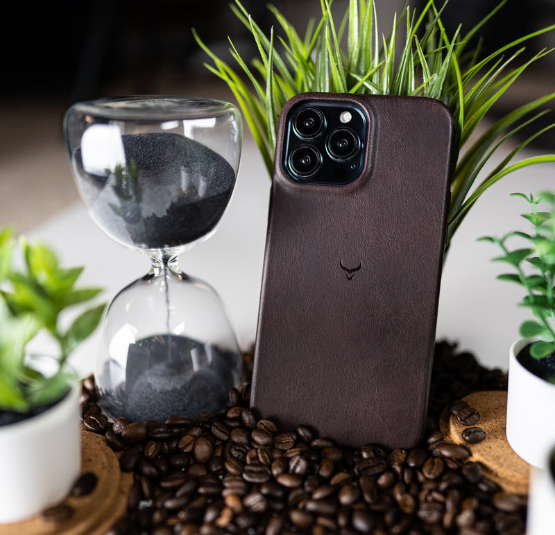 iphone leather cover on coffee beans